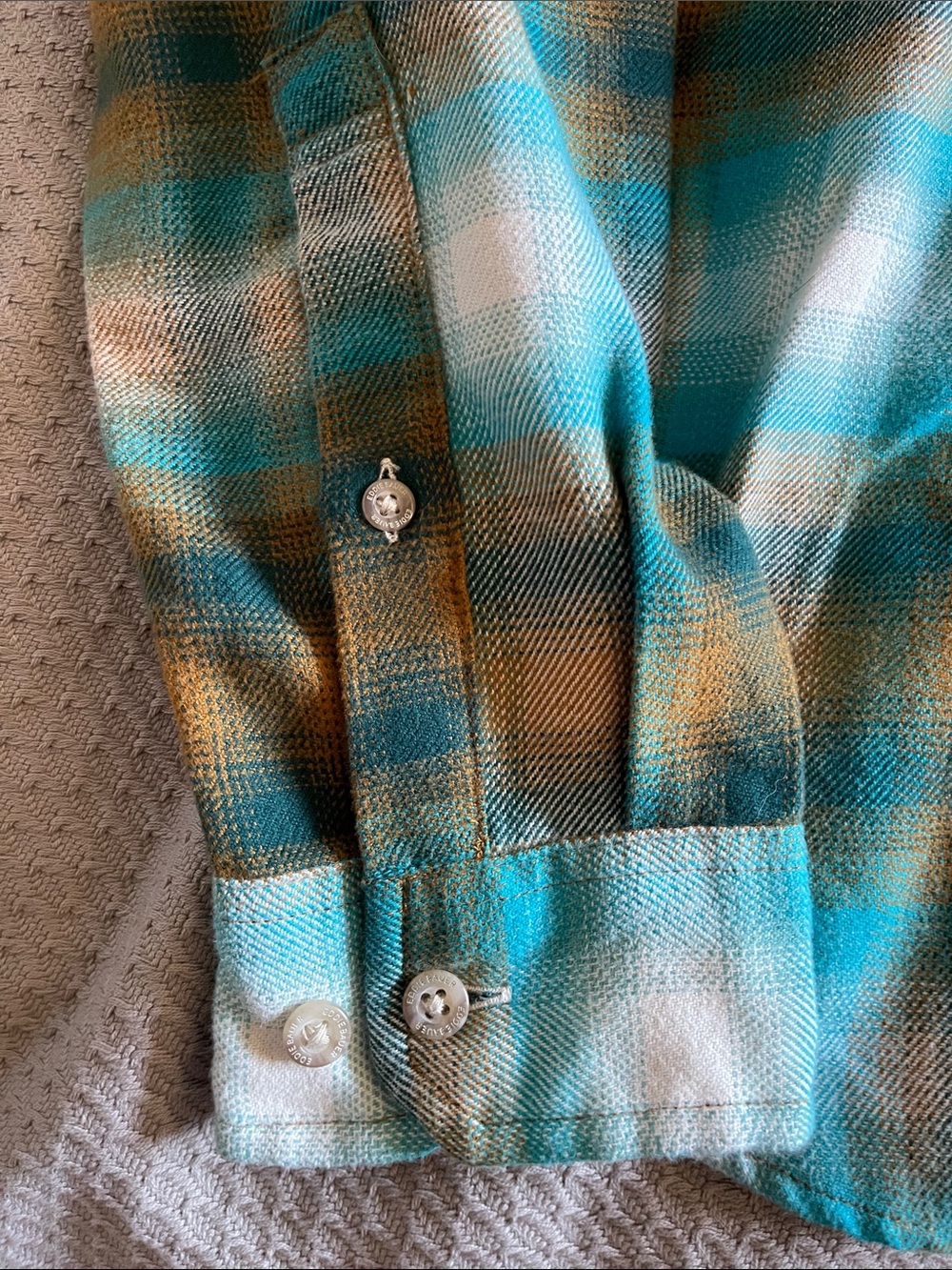 Eddie Bauer Teal and Mustard Plaid Flannel Shirt - Picture 5 of 7